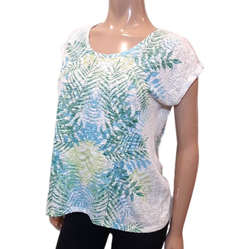 CHAUS SPORT Burnout Tee Short Dolman Sleeve Floral Leaf Print Summer Vacation
